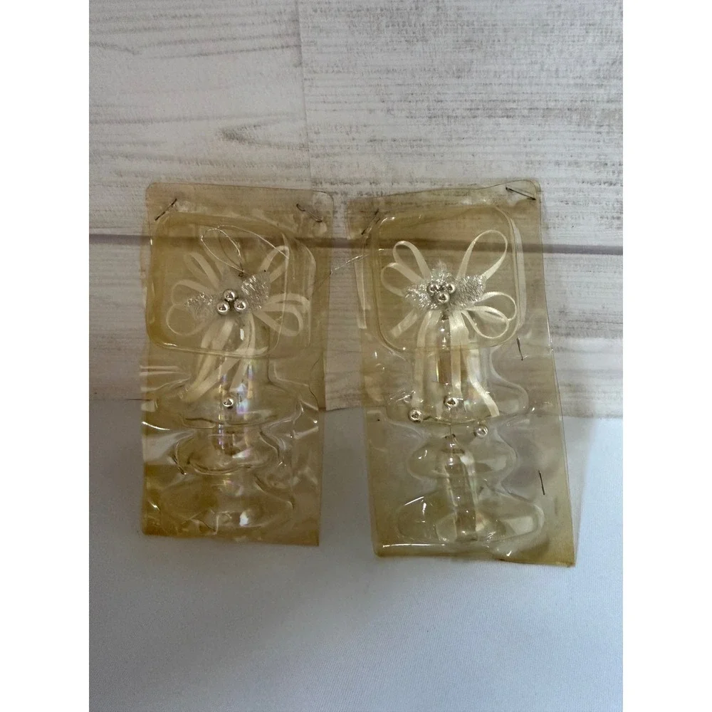 Vintage Iridescent Glass Bell Christmas Ornaments Set of 2 Cream Ribbon Bows 4.5